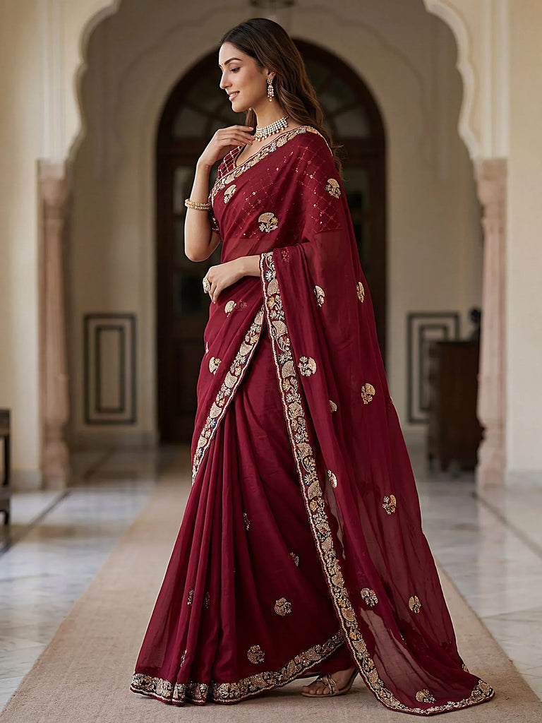 Royal Maroon Hand Work Silk Bridal Saree With Blouse