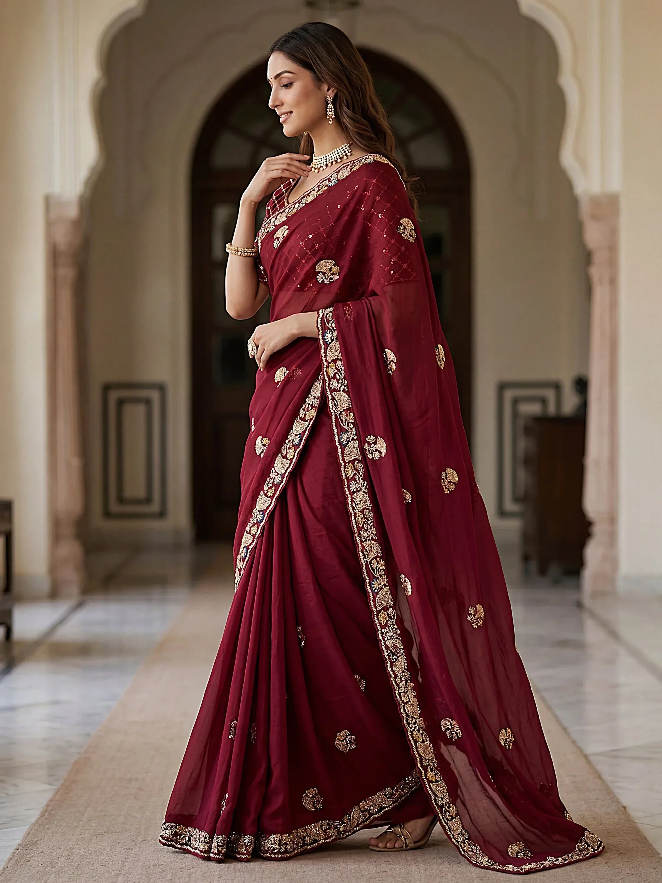 Royal Maroon Hand Work Silk Bridal Saree With Blouse
