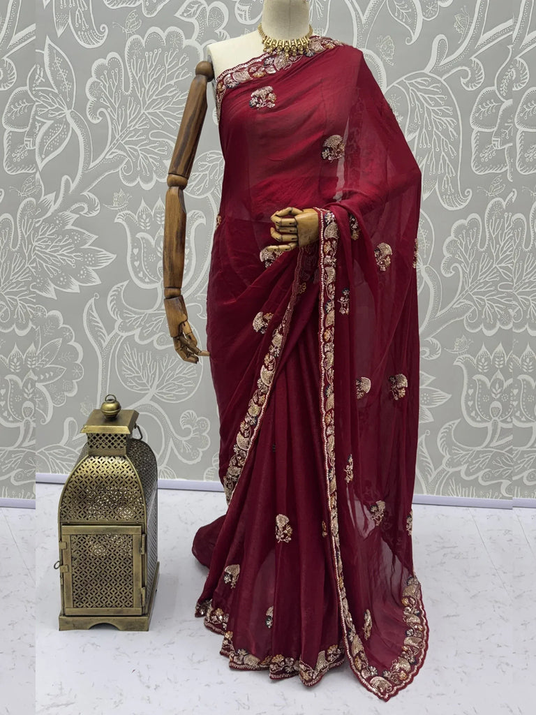 Royal Maroon Hand Work Silk Bridal Saree With Blouse