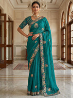 Rich Teal Green Bead Work Silk Party Wear Saree With Blouse