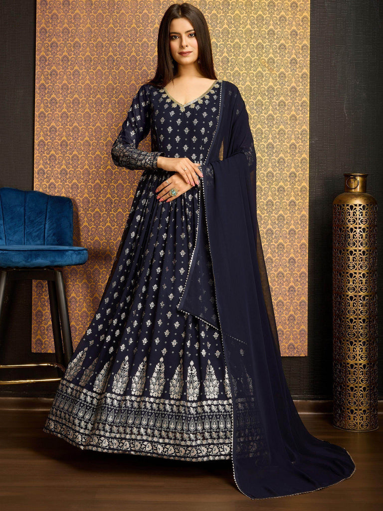 Amazing Navy Blue Foil Work Georgette Festival Wear Gown With Dupatta