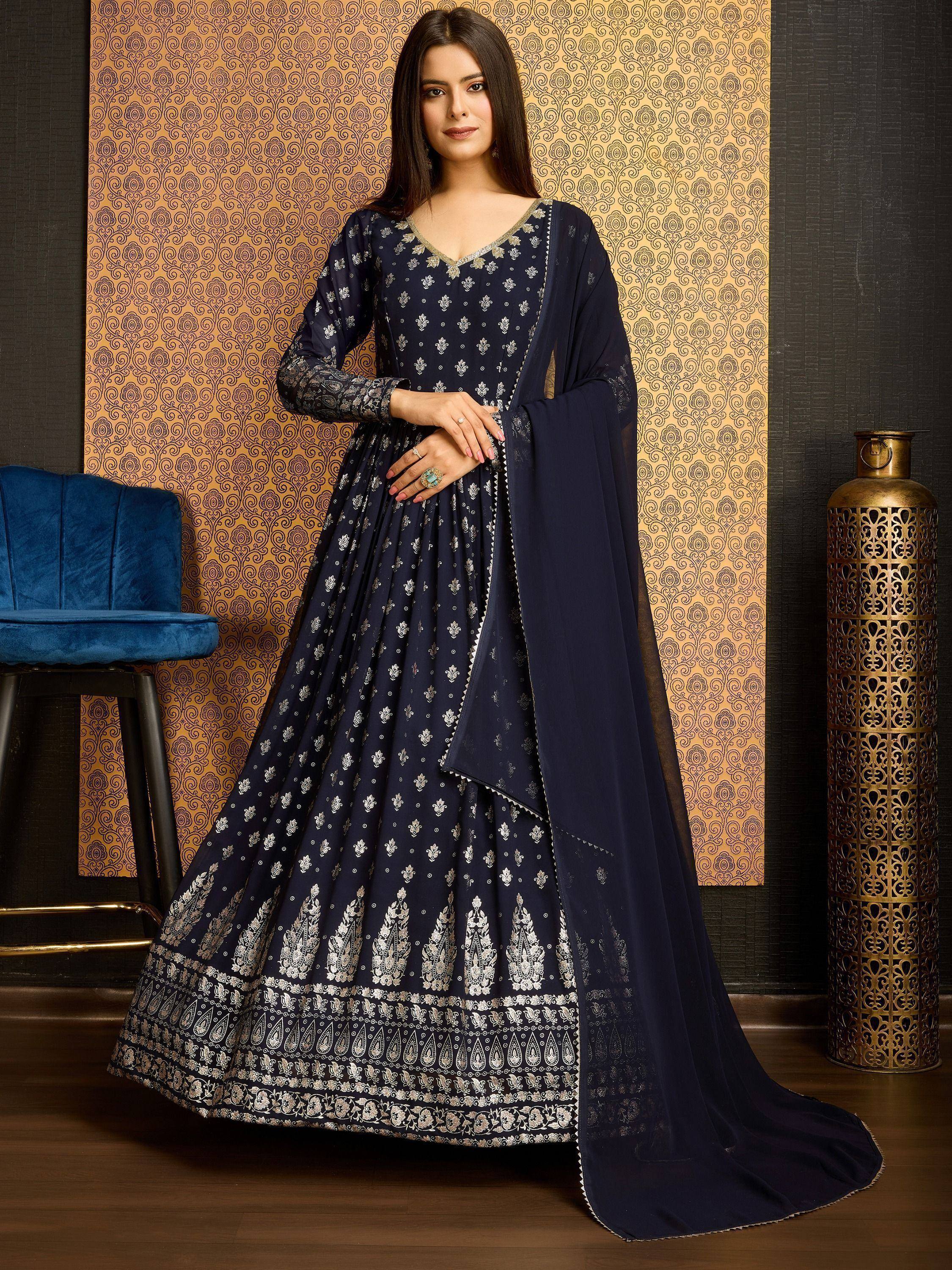 Navy blue anarkali suit with silver embroidery, perfect for Indian ethnic wear occasions