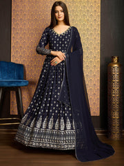 Amazing Navy Blue Foil Work Georgette Festival Wear Gown With Dupatta