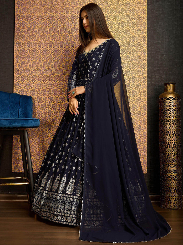 Amazing Navy Blue Foil Work Georgette Festival Wear Gown With Dupatta