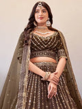 Stunning Brown Sequined Butterfly net Reception Wear Lehenga Choli