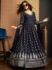 Amazing Navy Blue Foil Work Georgette Festival Wear Gown With Dupatta