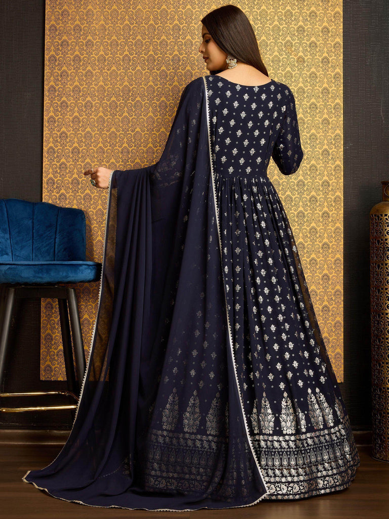 Amazing Navy Blue Foil Work Georgette Festival Wear Gown With Dupatta