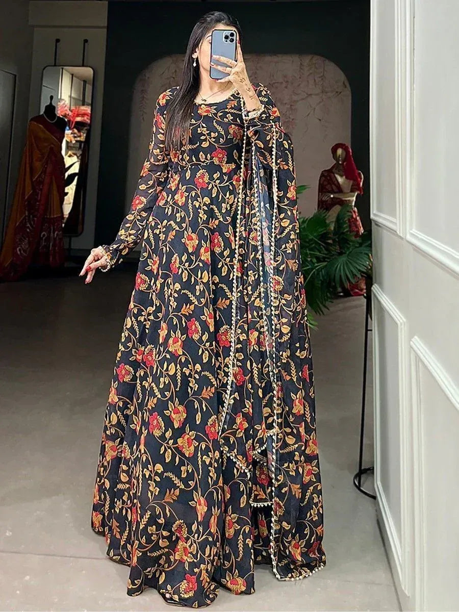 Black floral print ethnic gown with long sleeves and matching dupatta, perfect for Indian occasions