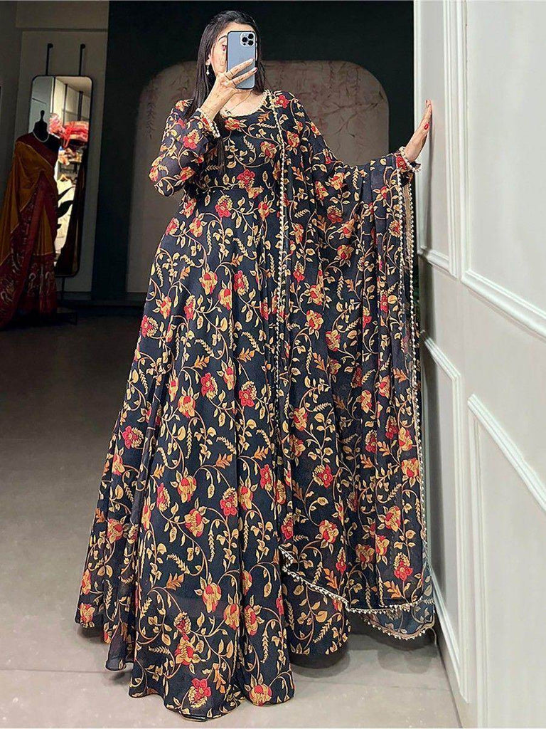 Bewitching Black Floral Printed Georgette Festival Wear Gown