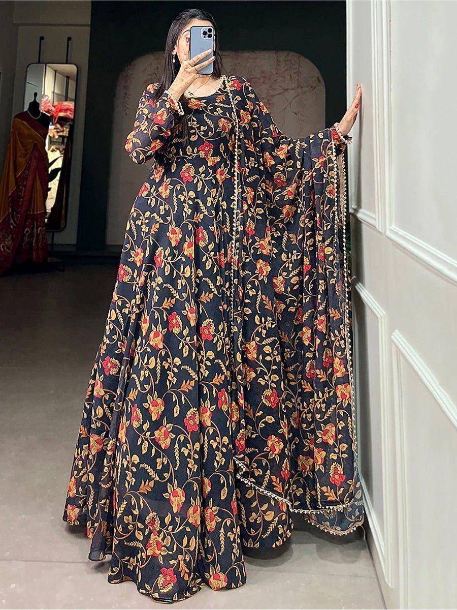 Black floral print ethnic gown with flared sleeves and border detailing, perfect for Indian occasions.