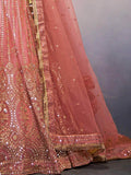 Pretty Peach Sequined Butterfly net Reception Wear Lehenga Choli