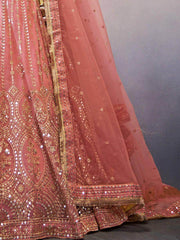 Pretty Peach Sequined Butterfly net Reception Wear Lehenga Choli