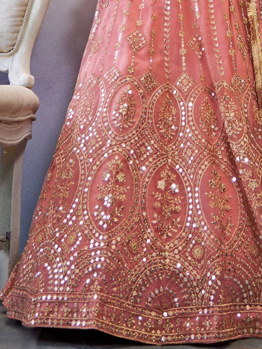 Pink designer lehenga with gold embroidery and mirror work, ethnic Indian wear