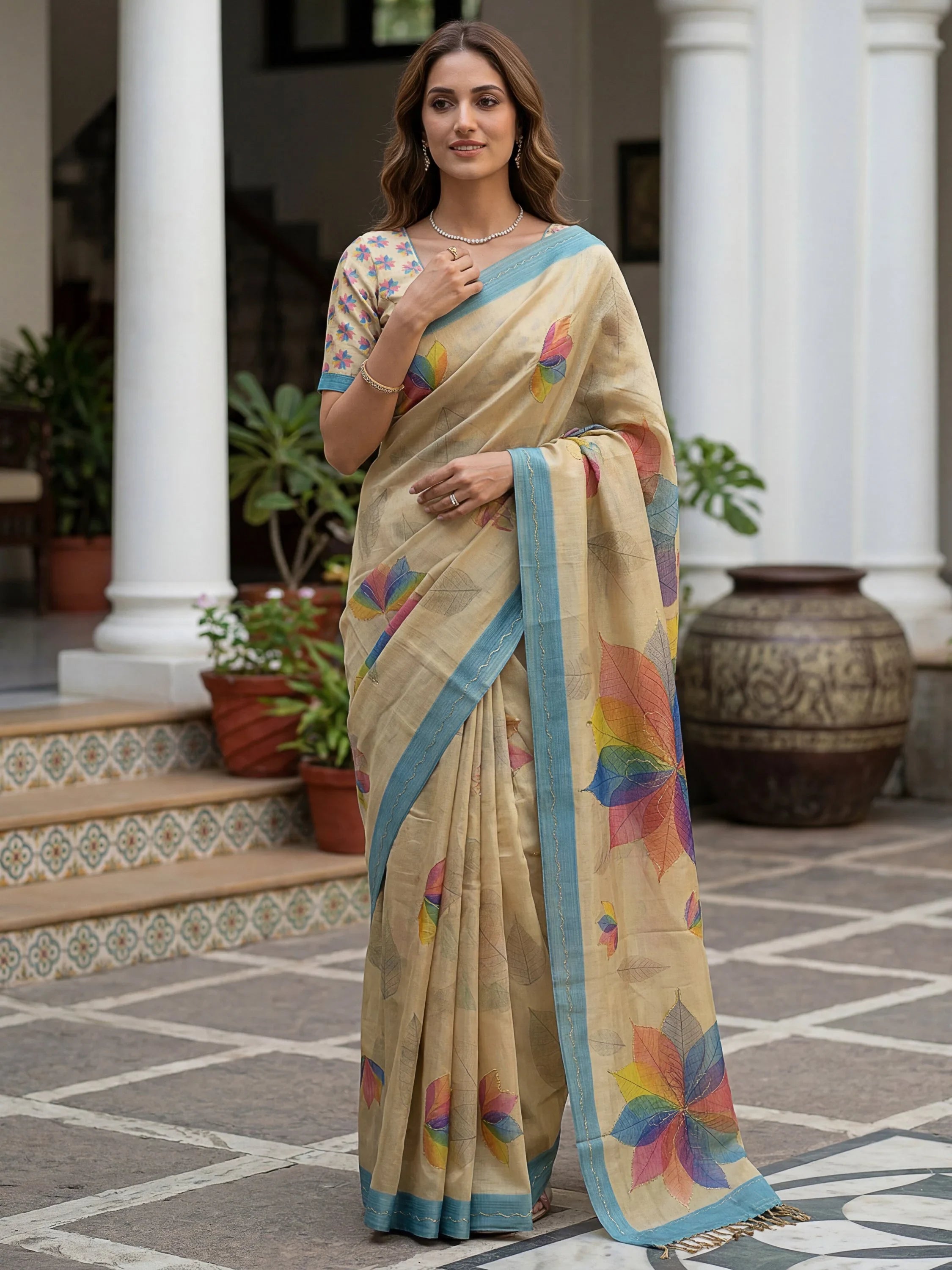 Delightful Beige Digital Printed Silk Traditional Saree With Blouse