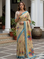 Delightful Beige Digital Printed Silk Traditional Saree With Blouse
