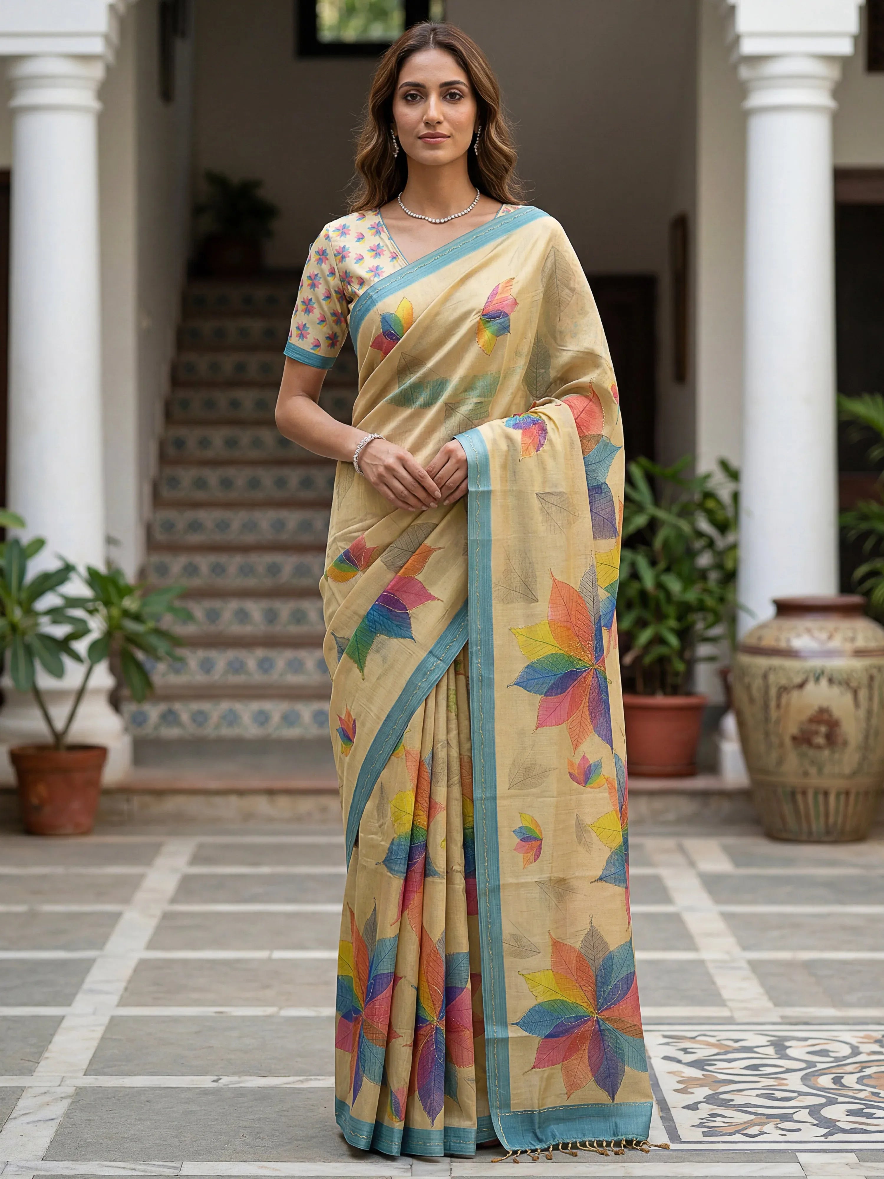 Delightful Beige Digital Printed Silk Traditional Saree With Blouse