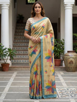 Delightful Beige Digital Printed Silk Traditional Saree With Blouse