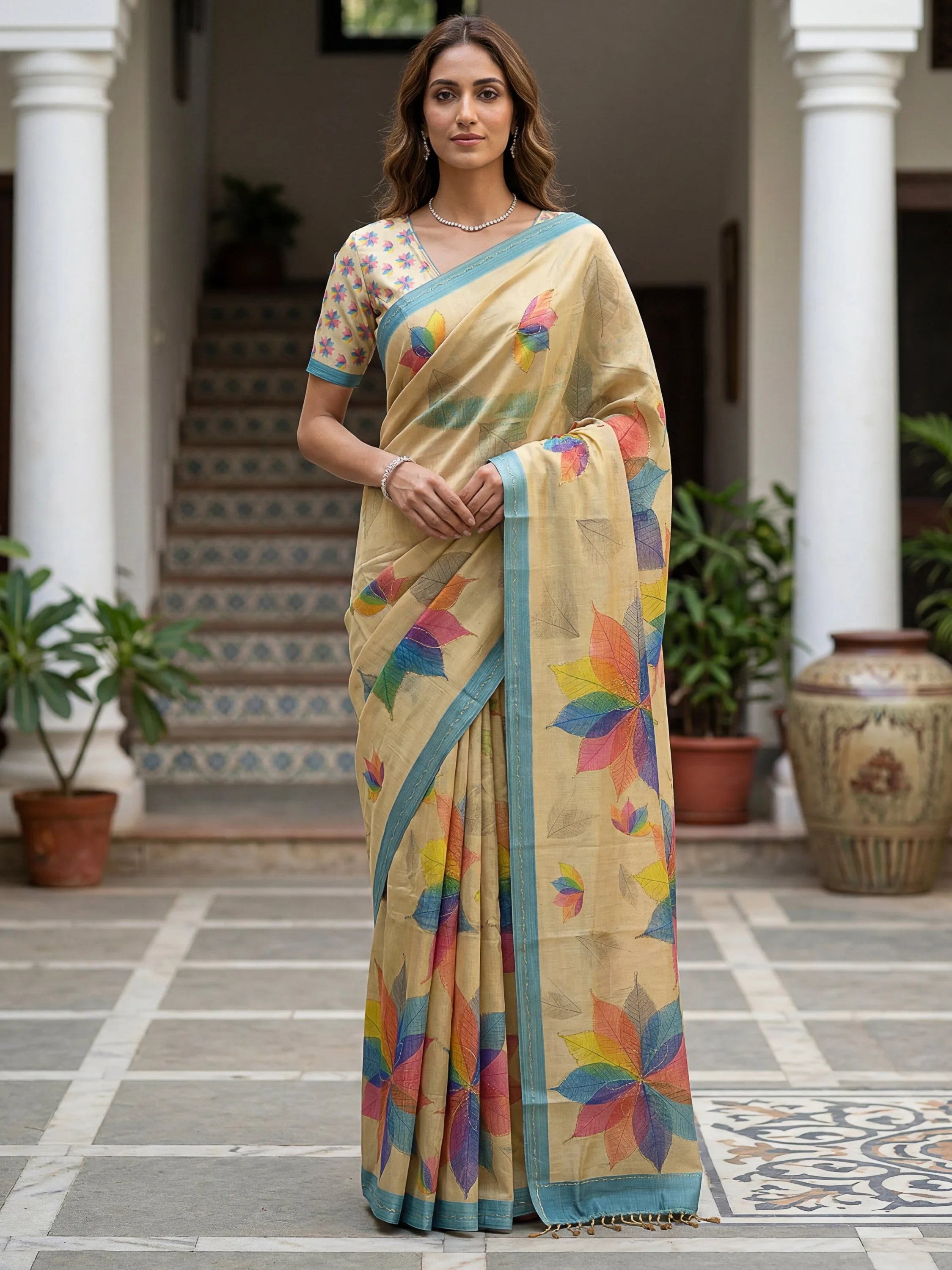 Delightful Beige Digital Printed Silk Traditional Saree With Blouse