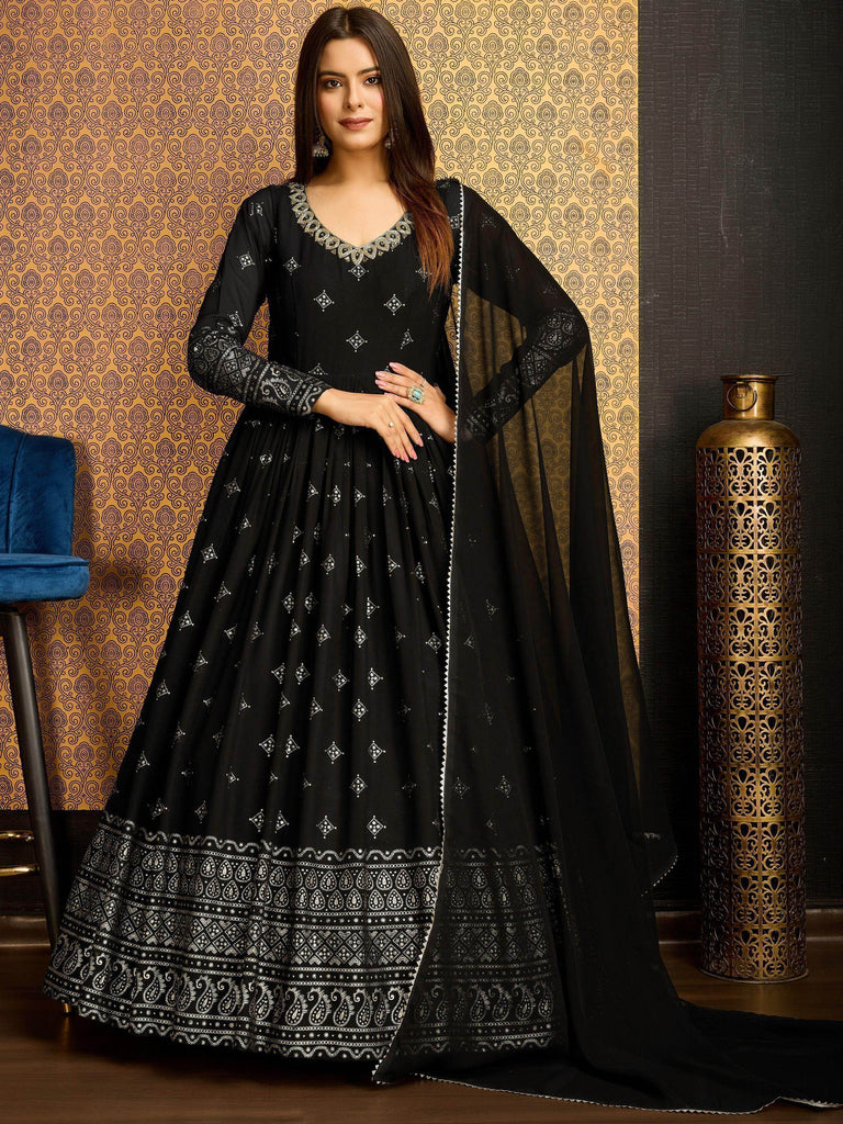 Attractive Black Foil Work Georgette Reception Wear Gown With Dupatta