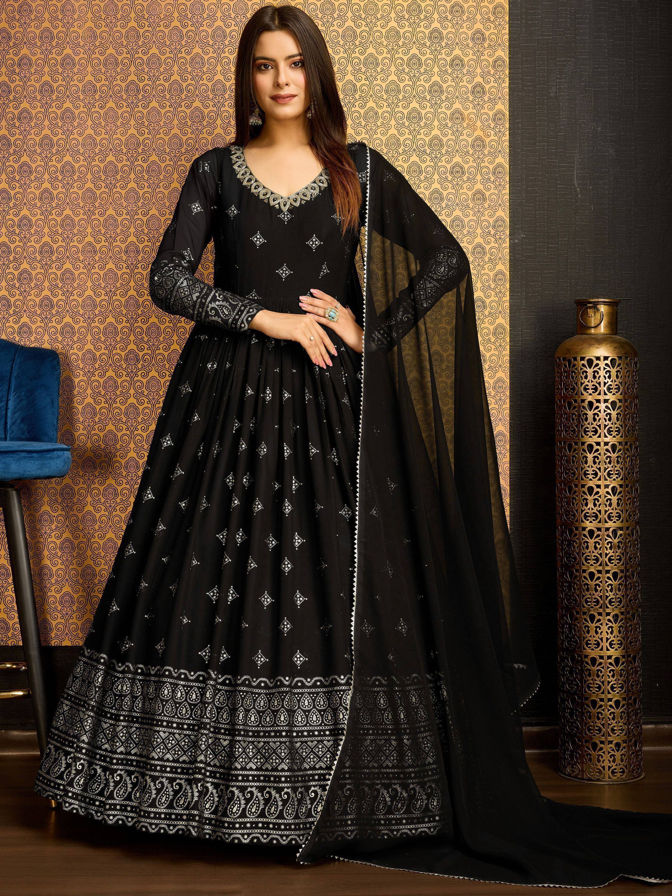 Black embroidered anarkali suit with dupatta, Indian ethnic wear for women