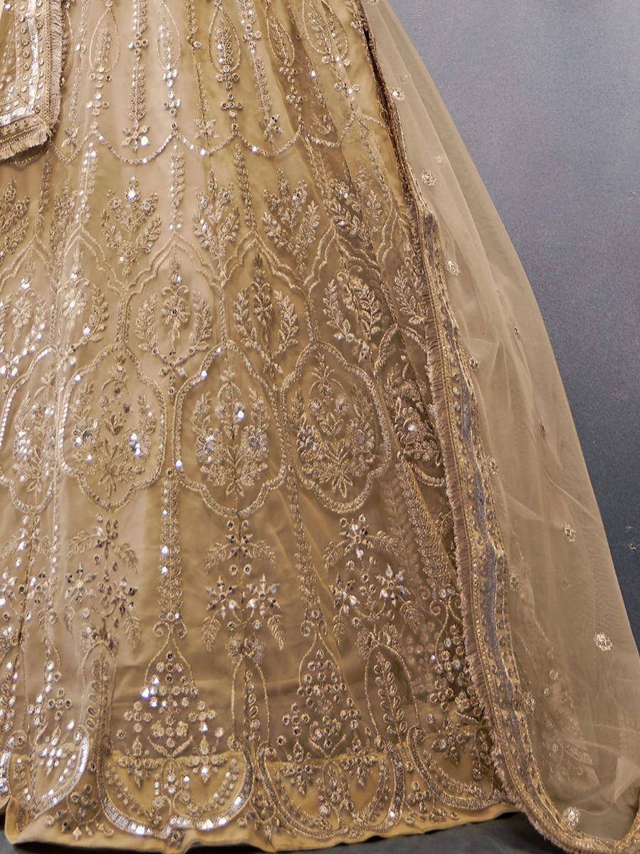 Gold embroidered lehenga with intricate floral sequin work, perfect for Indian weddings and festive occasions.