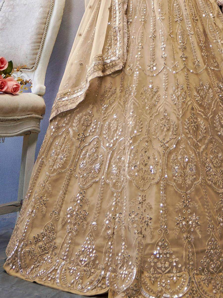 Fascinating Beige Sequines Embroidery Net Party Lehenga Choli