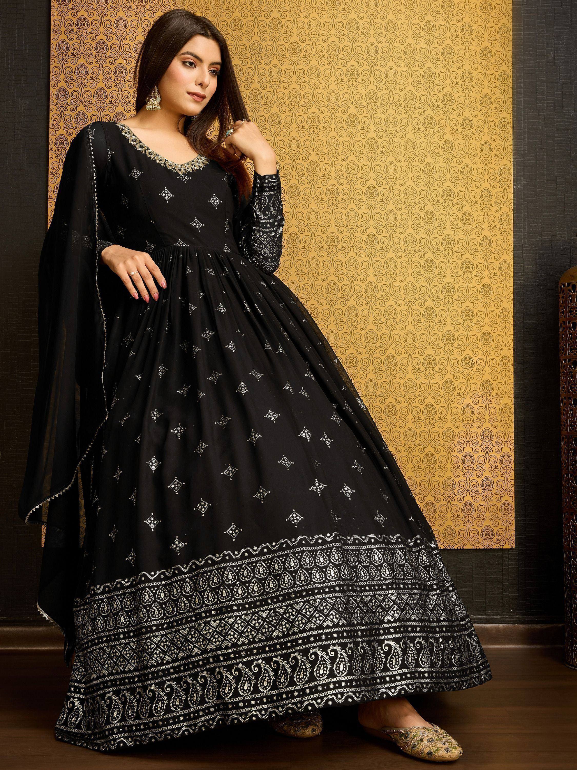 Black embroidered anarkali suit with gold detailing, perfect for Indian ethnic wear occasions