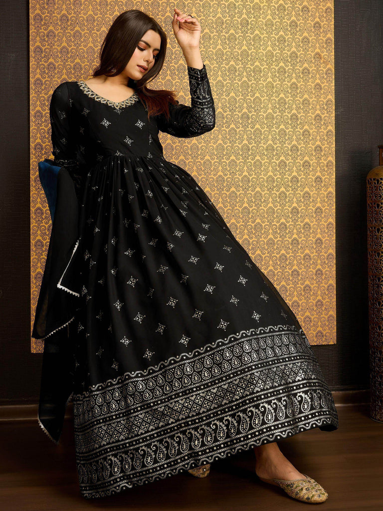 Attractive Black Foil Work Georgette Reception Wear Gown With Dupatta