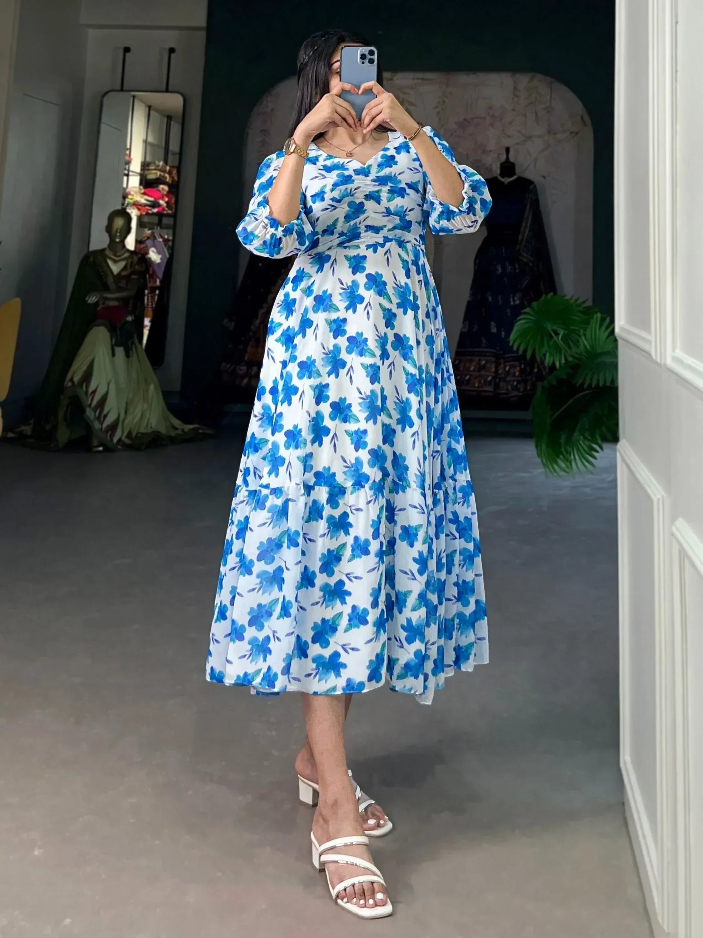 Blue floral print ethnic gown with puff sleeves, perfect for Indian occasions and parties