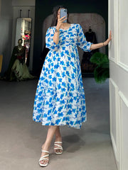 Excellent White & Blue Floral Printed Georgette Party Wear Dresses