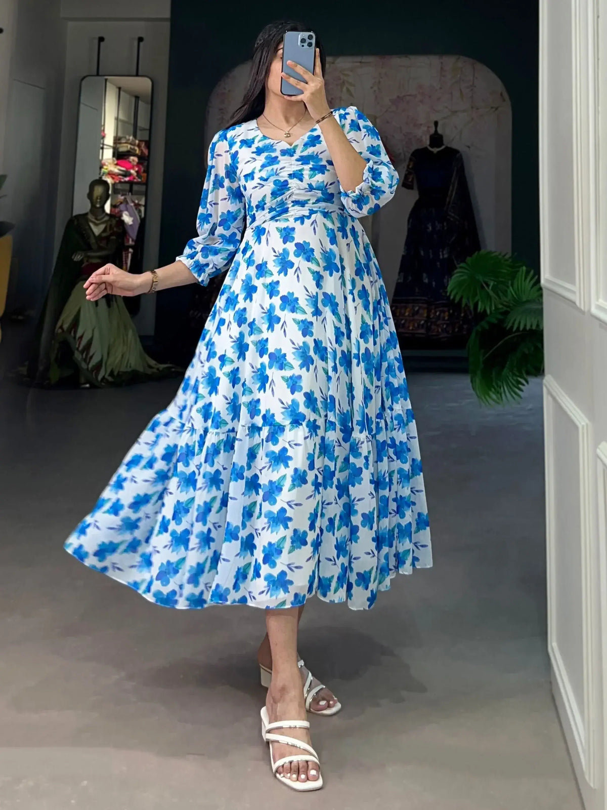 Excellent White & Blue Floral Printed Georgette Party Wear Dresses