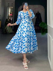 Excellent White & Blue Floral Printed Georgette Party Wear Dresses