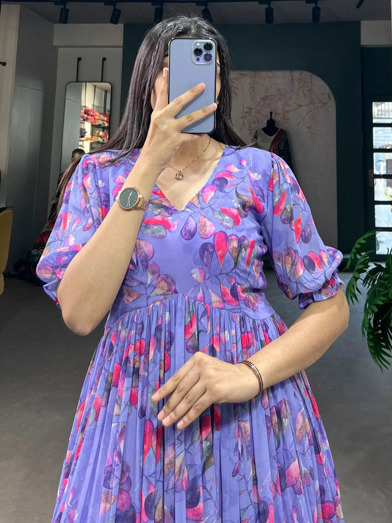 Astonishing Lavender Digital Printed Georgette Event Wear Dresses
