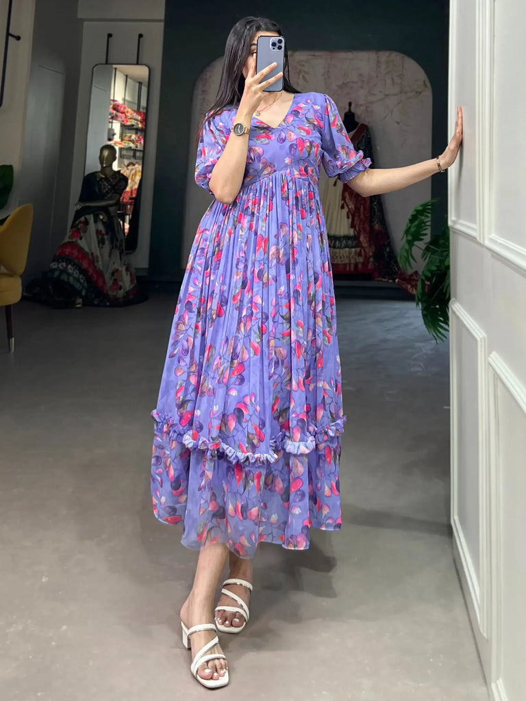 Astonishing Lavender Digital Printed Georgette Event Wear Dresses