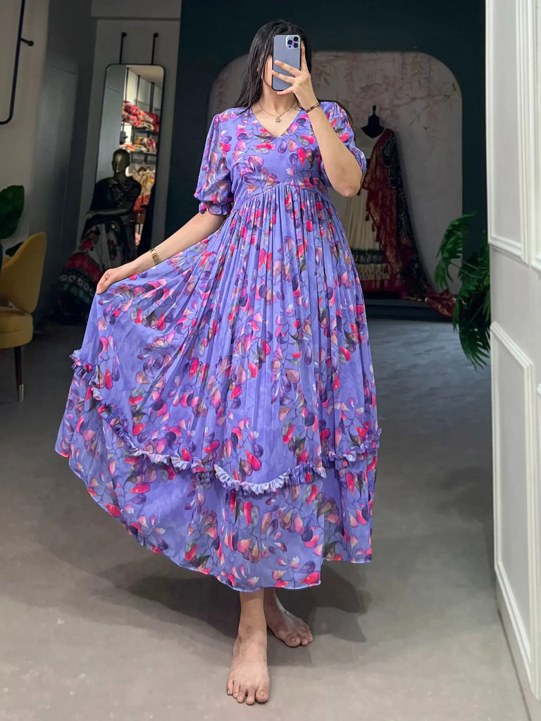 Astonishing Lavender Digital Printed Georgette Event Wear Dresses