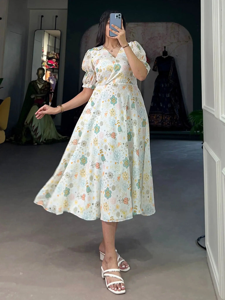Stunning White Digital Printed Georgette Casual Wear Dresses