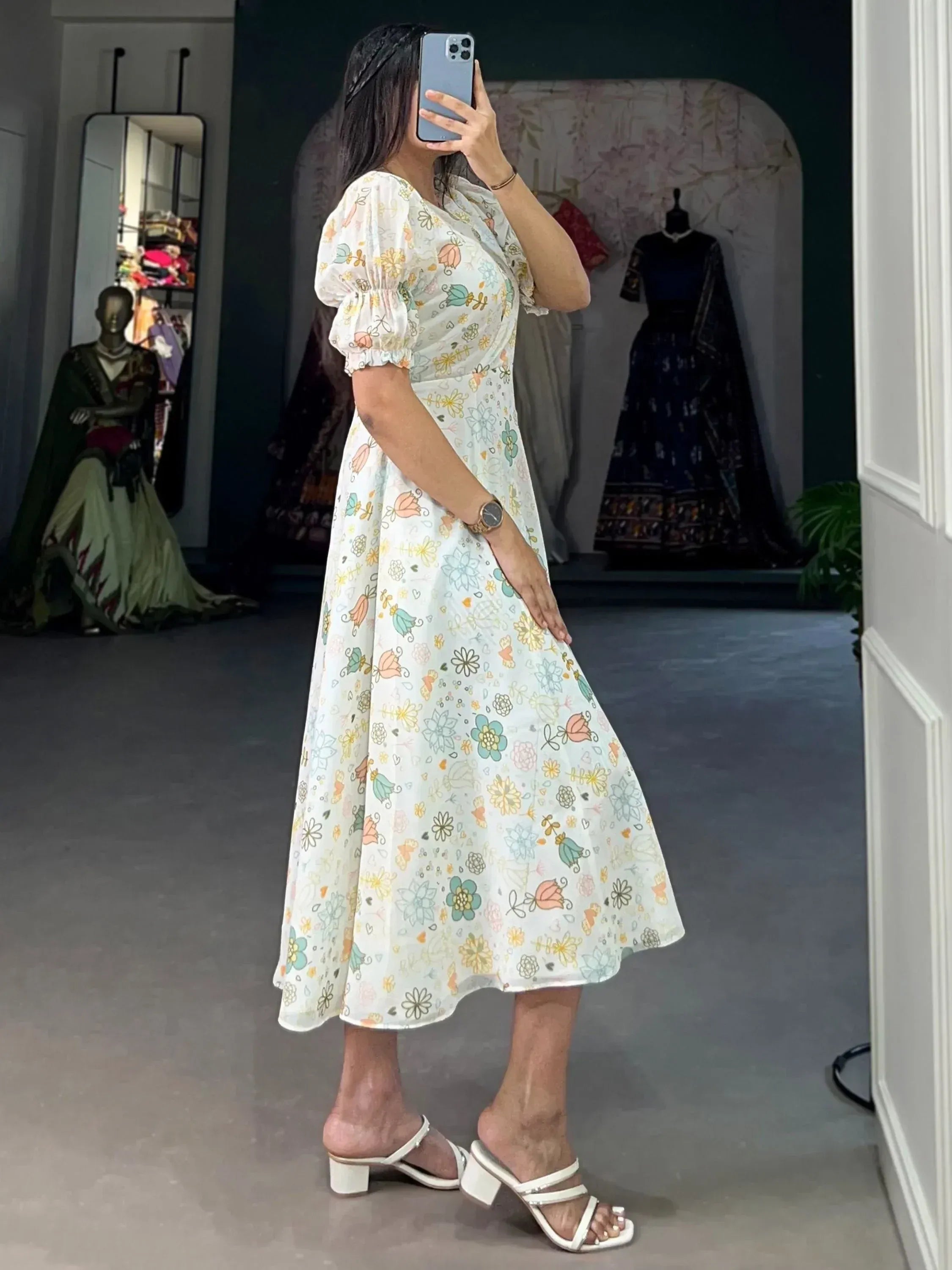 Floral print ethnic gown with puff sleeves, perfect for Indian occasions and casual wear