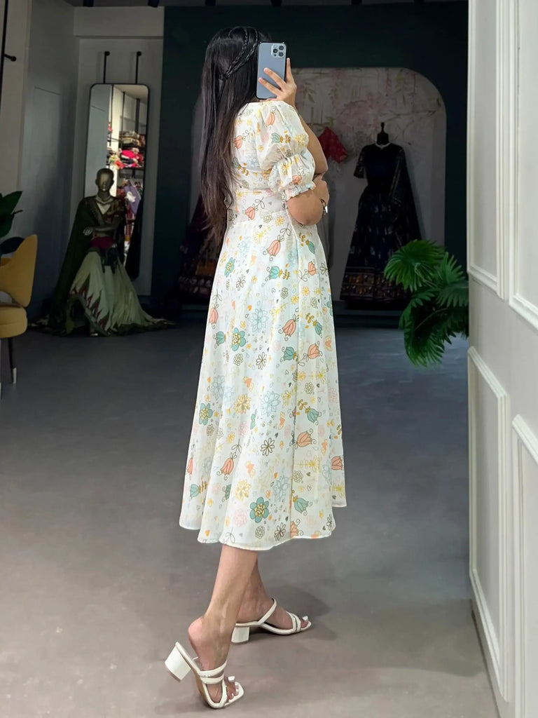 Stunning White Digital Printed Georgette Casual Wear Dresses