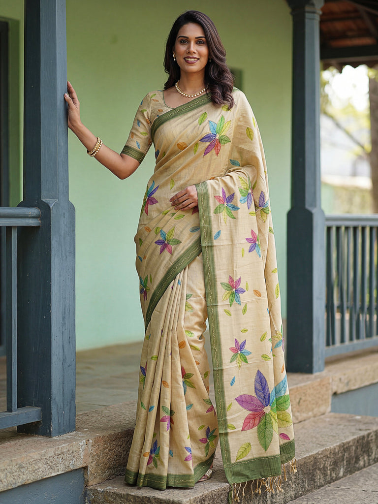 Superb Beige Embroidered Silk Function Wear Saree With Blouse