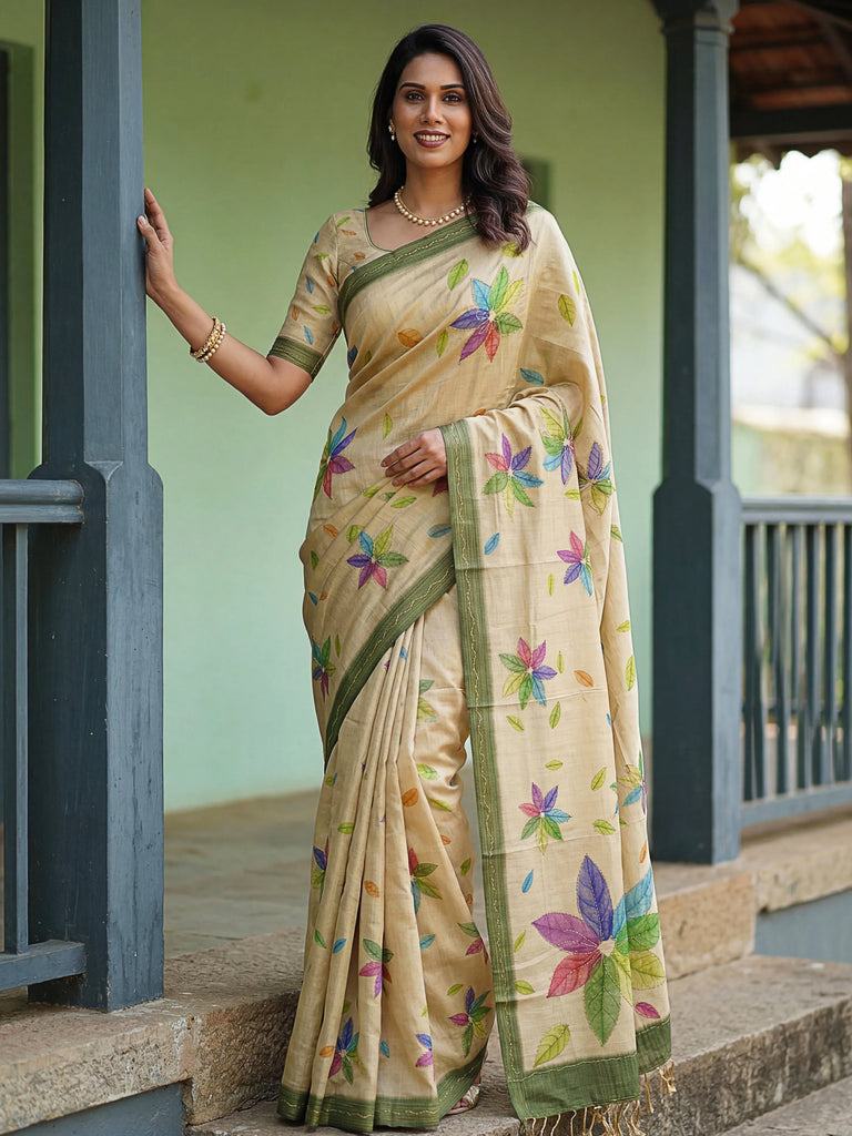 Superb Beige Embroidered Silk Function Wear Saree With Blouse