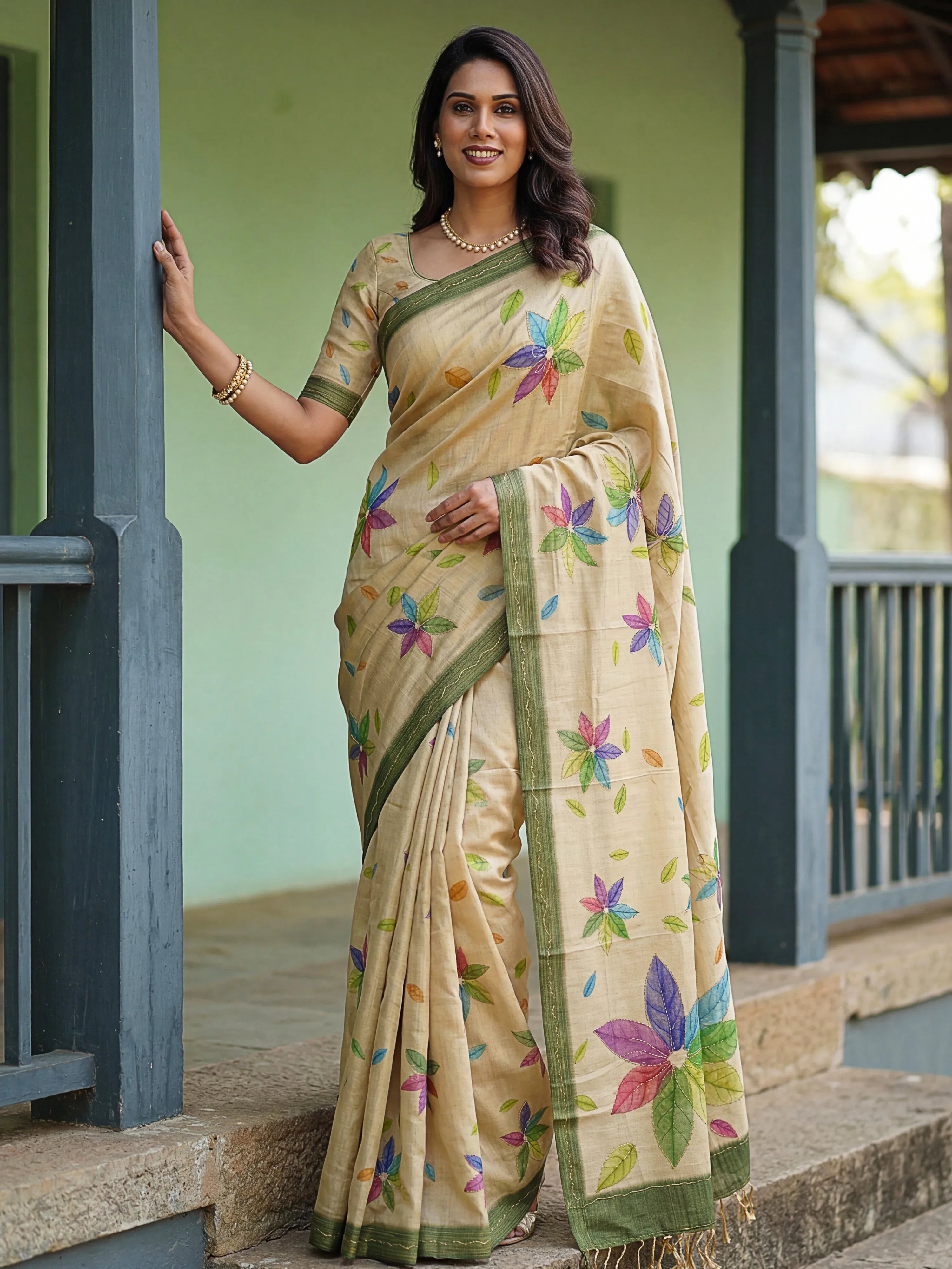 Superb Beige Embroidered Silk Function Wear Saree With Blouse