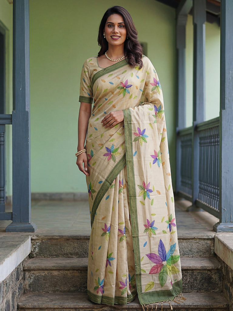 Superb Beige Embroidered Silk Function Wear Saree With Blouse