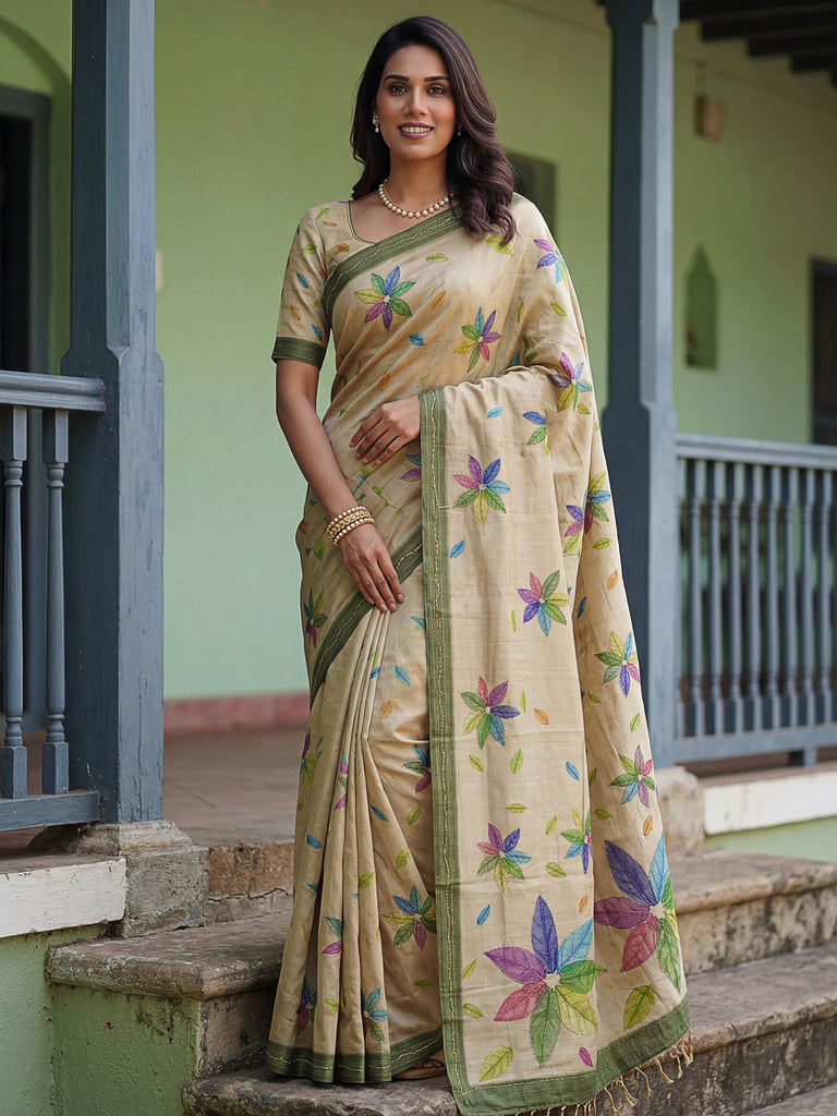 Superb Beige Embroidered Silk Function Wear Saree With Blouse