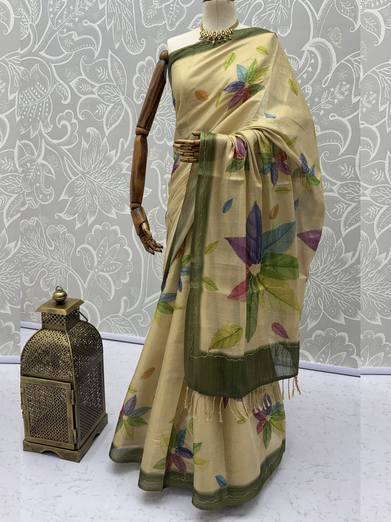 Superb Beige Embroidered Silk Function Wear Saree With Blouse