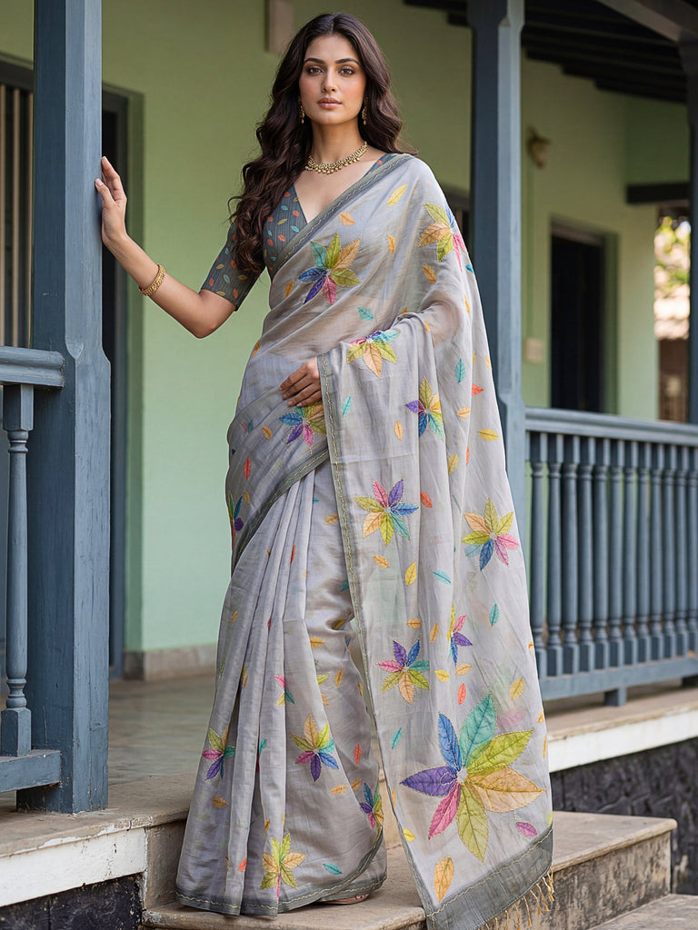 Regal Grey Printed Silk Marriage Wear Saree With Blouse