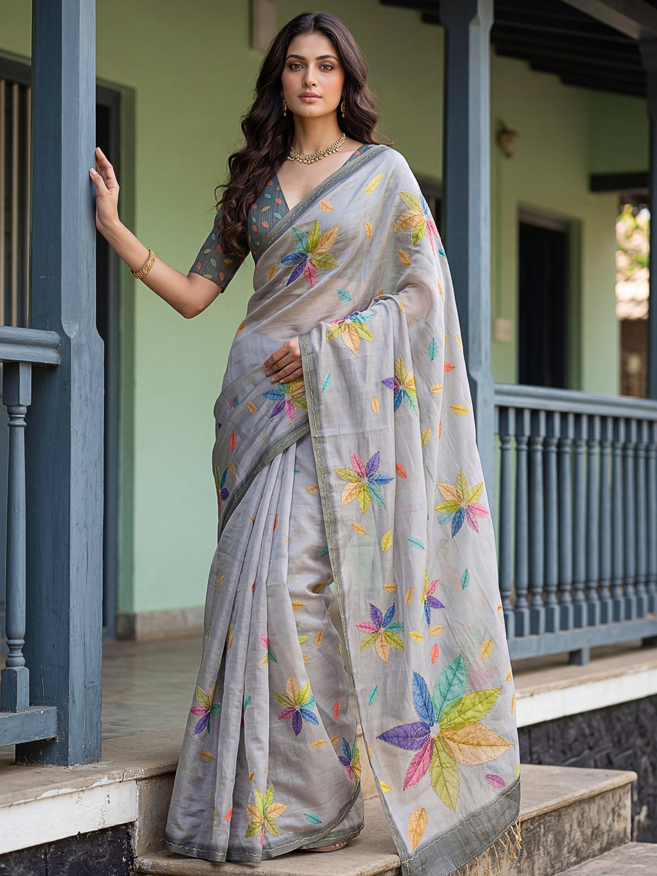 Regal Grey Printed Silk Marriage Wear Saree With Blouse