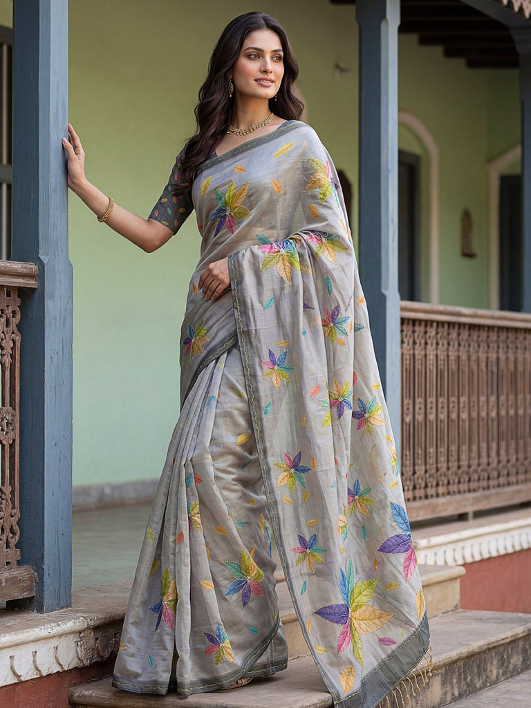 Regal Grey Printed Silk Marriage Wear Saree With Blouse