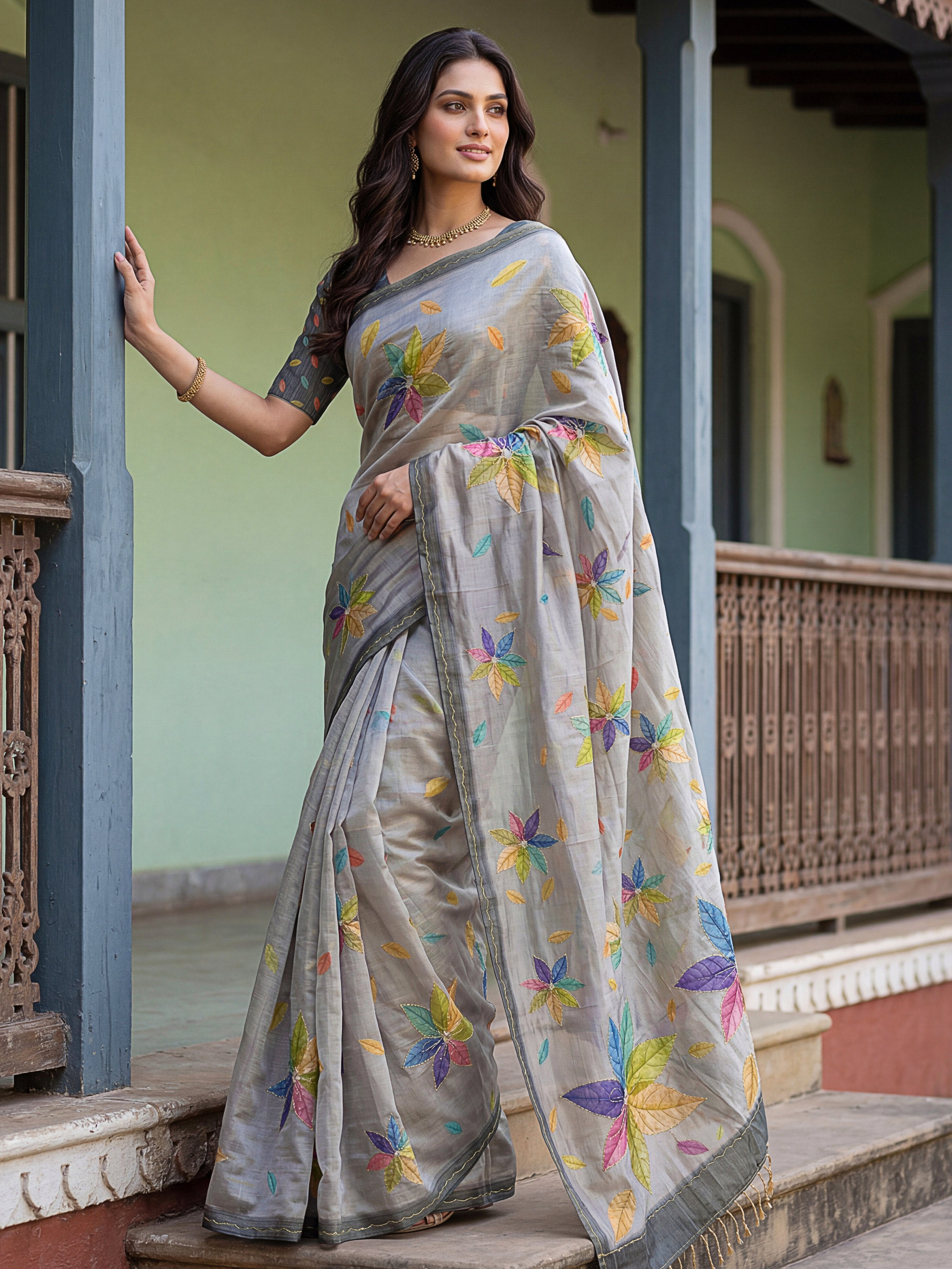 Regal Grey Printed Silk Marriage Wear Saree With Blouse