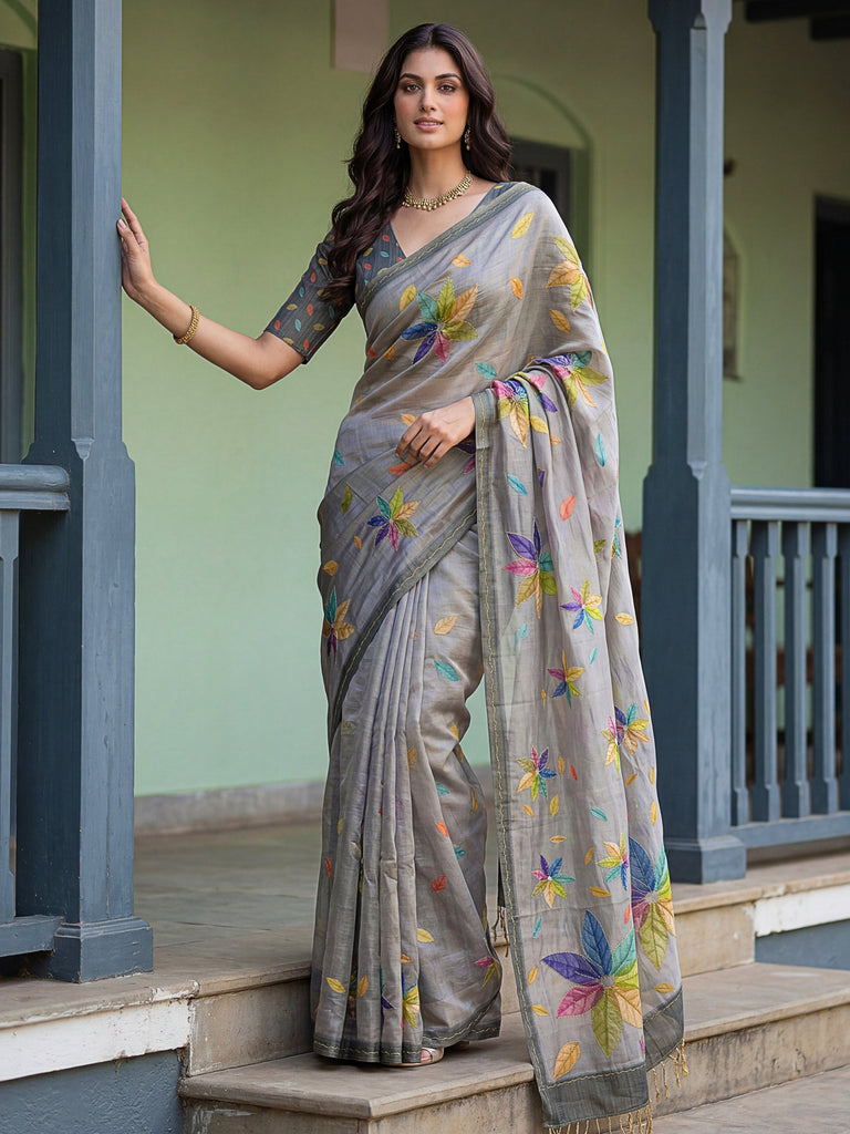 Regal Grey Printed Silk Marriage Wear Saree With Blouse