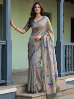 Regal Grey Printed Silk Marriage Wear Saree With Blouse